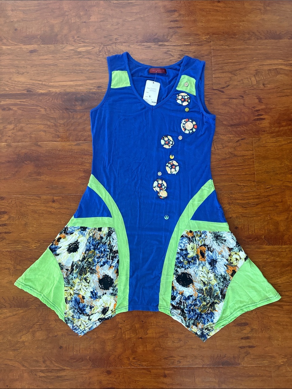 NWT Anthropologie Inspired Blue and Lime Floral Patchwork Tunic Dress. Size S